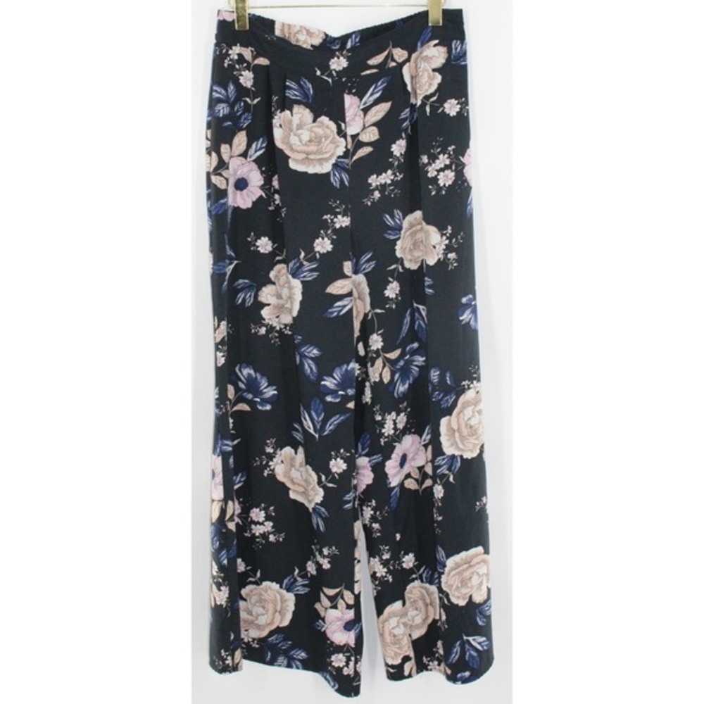 Hype Wide Leg Pants Floral Print Elastic Waist‎ XL Black